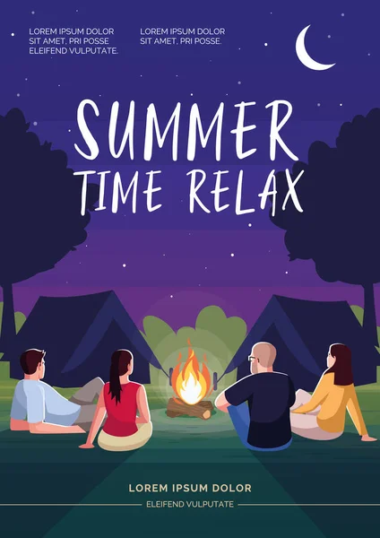 Summer time relax poster template. Recreation in forest. Double date outside city. Commercial flyer design with semi flat illustration. Vector cartoon promo card. Camping advertising invitation