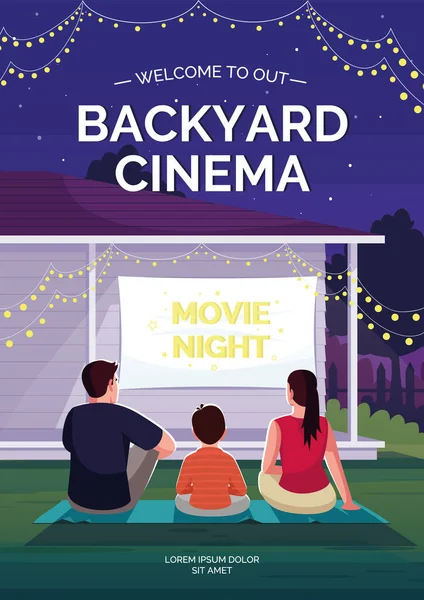 Backyard cinema poster template. Family watching film outside. Commercial flyer design with semi flat illustration. Vector cartoon promo card. Open air cinema advertising invitation