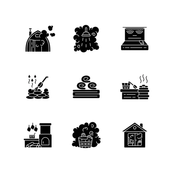 Bathhouse Black Glyph Icons Set White Space Finnish Sauna Russian — Stock Photo, Image