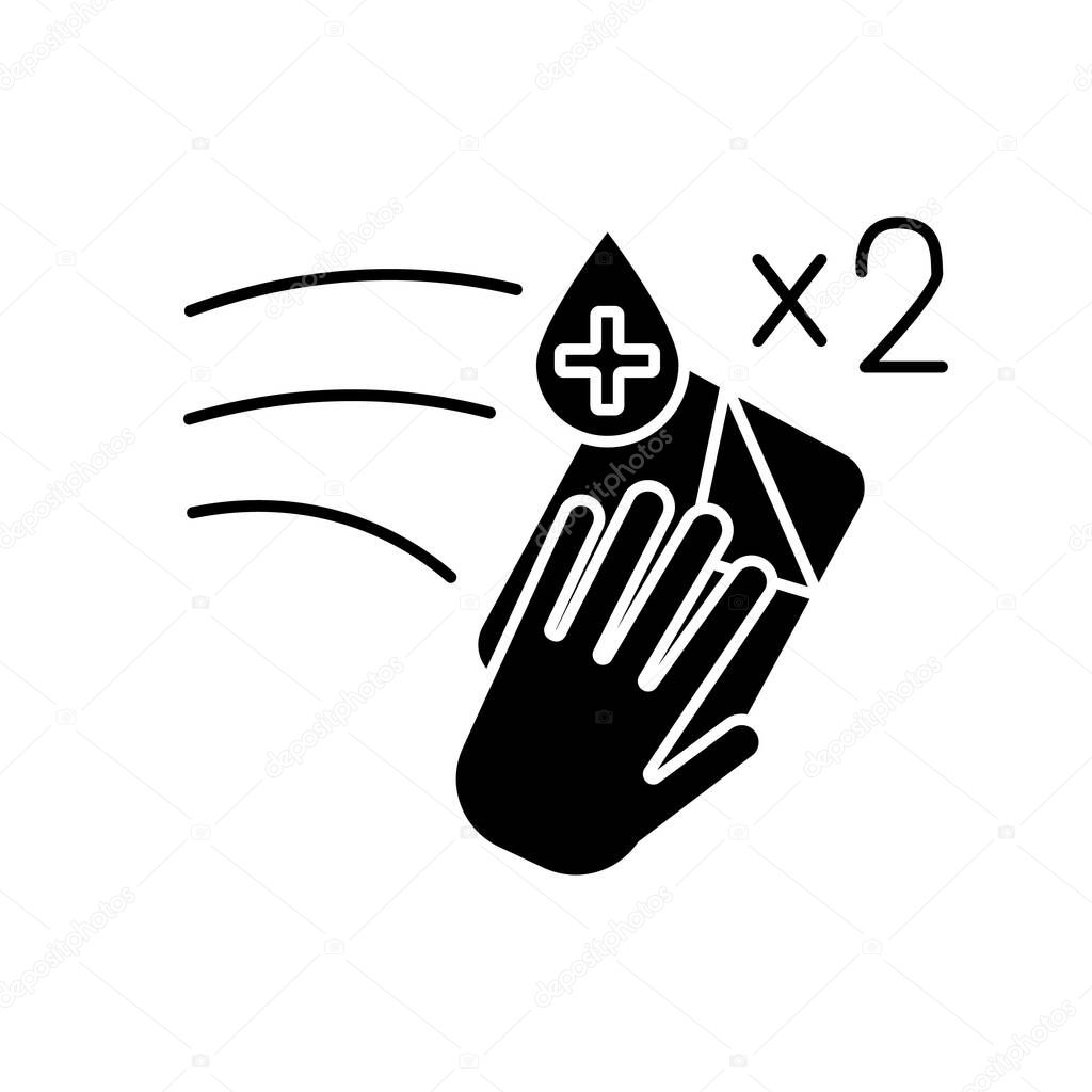 Wipe twice rule black glyph icon. Disinfection method, surface cleaning guidance, hygiene silhouette symbol on white space. Antibacterial tissue, antiseptic napkin vector isolated illustration