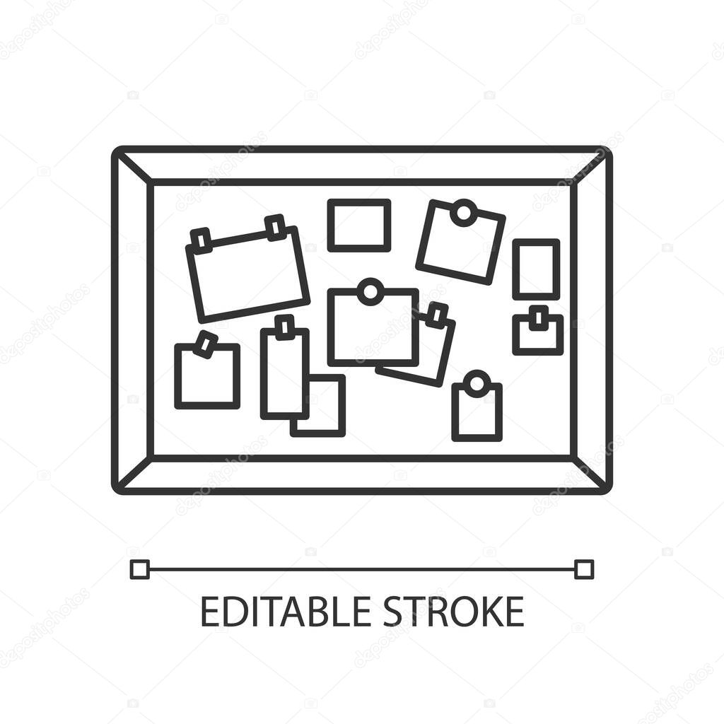 Bulletin board pixel perfect linear icon. Classroom corkboard. Notice board with notes. Thin line customizable illustration. Contour symbol. Vector isolated outline drawing. Editable stroke