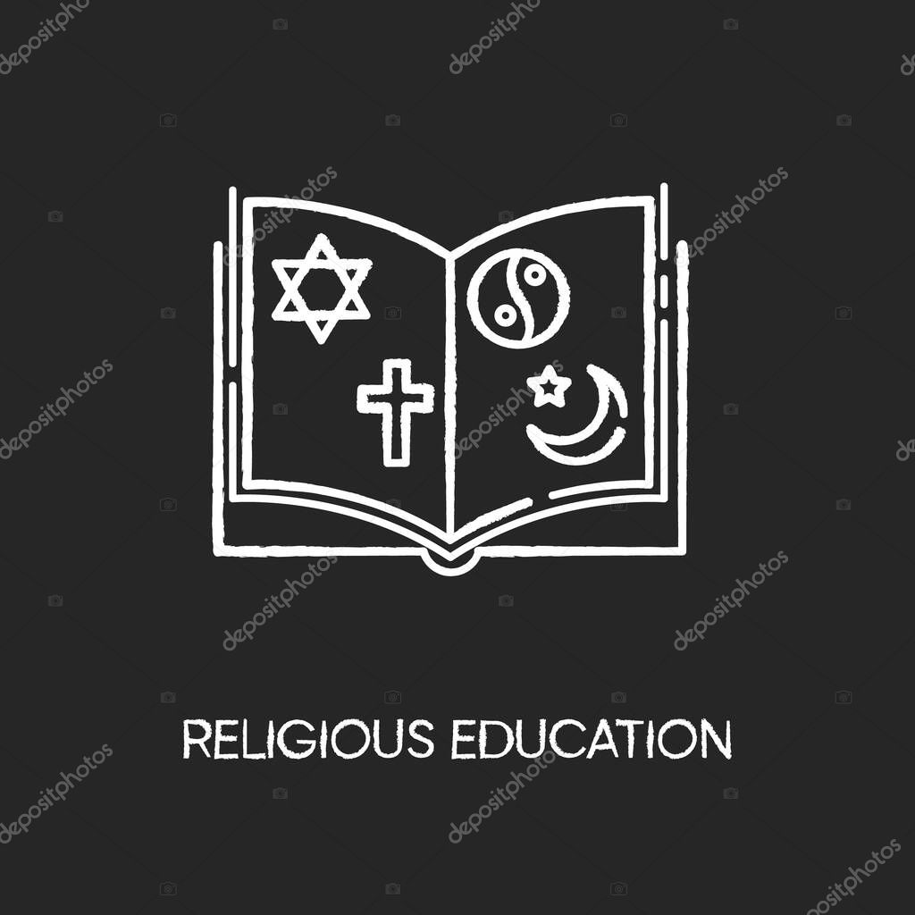 Religious education chalk white icon on black background. Book with judaism, christianity, taoism and islam signs. Theology subject. Studying religion. Isolated vector chalkboard illustration