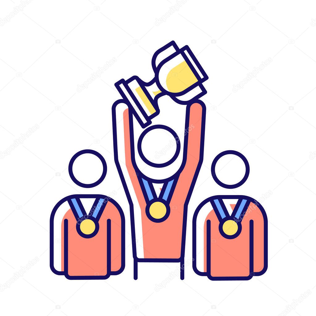Sports team RGB color icon. Winners with cup and medals. Winning trophy in competition. University tournaments. College football, basketball players. Isolated vector illustration