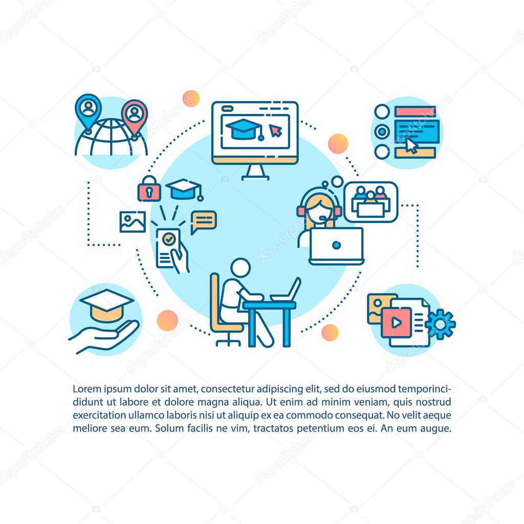 Distance education concept icon with text. E learning. Homeschooling. Online degree. PPT page vector template. Brochure, magazine, booklet design element with linear illustrations