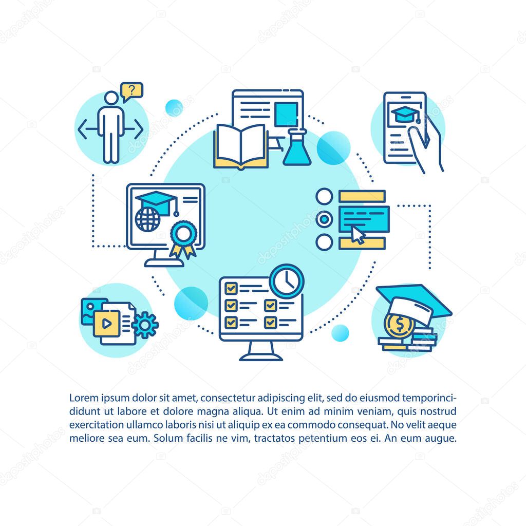 Distance learning courses concept icon with text. Online lessons. Digital curriculum. PPT page vector template. Brochure, magazine, booklet design element with linear illustrations