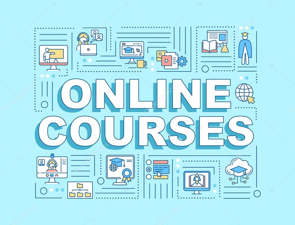 Online courses word concepts banner. Distance learning. Remote education. Infographics with linear icons on blue background. Isolated typography. Vector outline RGB color illustration