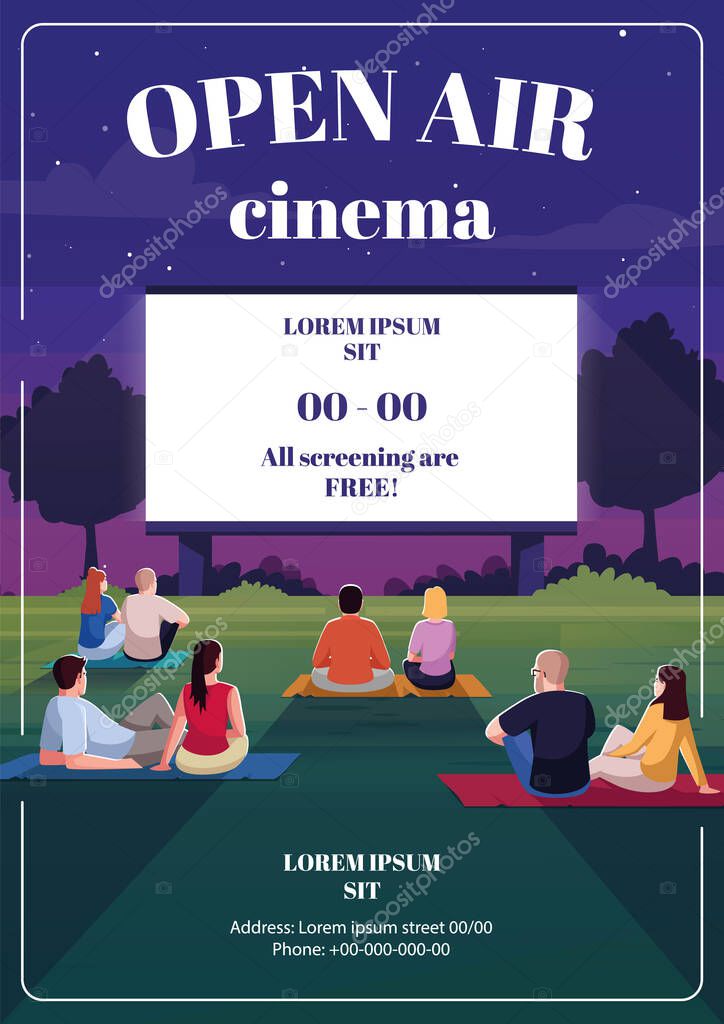 Open air cinema poster template. Romantic date. Performance on screen. Commercial flyer design with semi flat illustration. Vector cartoon promo card. Outdoor film festival advertising invitation