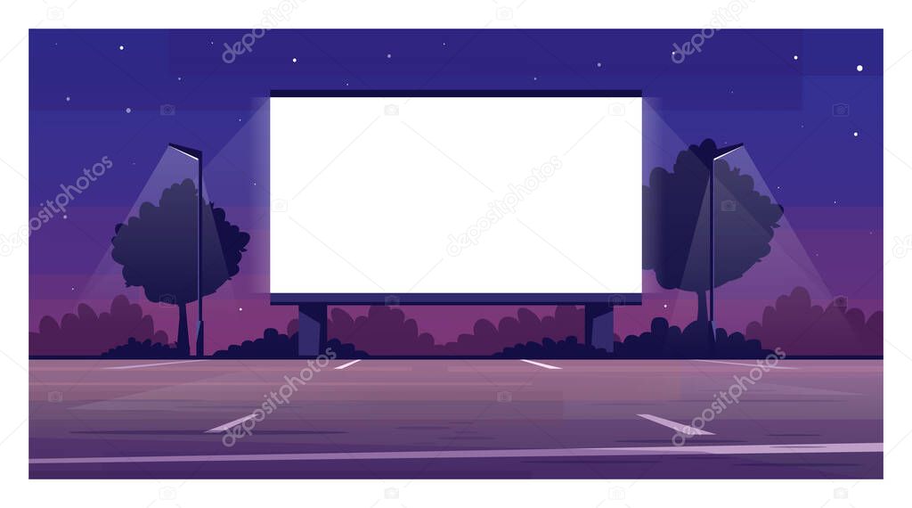Drive in cinema screen semi flat vector illustration. Empty parking for film premiere outside. Public urban place. Weekend entertainment. Outdoors movie night 2D cartoon scene for commercial use