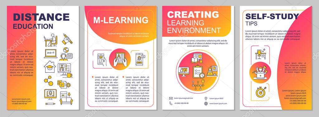 Online education brochure template. Mlearning. Self study. Flyer, booklet, leaflet print, cover design with linear icons. Vector layouts for magazines, annual reports, advertising posters