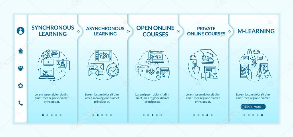 Distance learning types onboarding vector template. Synchronous and asynchronous learning. Responsive mobile website with icons. Webpage walkthrough step screens. RGB color concept