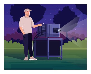 Açık hava sineması yarı düz vektör çizimi için kameraman. Haftasonu festivali için projeksiyon cihazı uzmanı. Arka bahçe film şovu. Ticari kullanım için film makinisti 2D çizgi film karakterleri