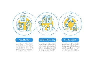 Ulusal Hint bayramı vektör bilgi şablonu. Hindistan 'da resmi tatil. Sunum tasarım elementleri. Veri görselleştirmesi 3 adımda. Zaman çizelgesi. Doğrusal simgelerle çalışma akışı düzeni