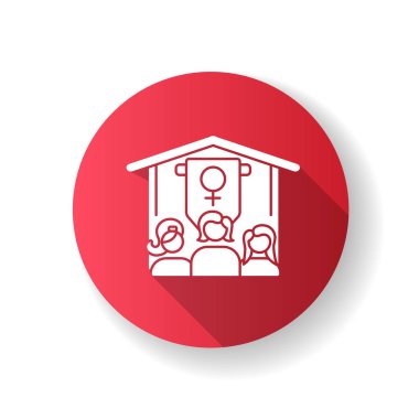 Kız öğrenci yurdunun düz tasarımı uzun gölge sembolü. Kadın sosyal üniversite organizasyonu. Üniversite hayatı ve aktiviteleri. Üniversitelerdeki kızlar topluluğu. Siluet RGB renk çizimi