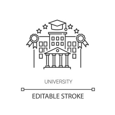 Üniversite pikseli mükemmel doğrusal simge. Yüksek öğrenim, öğrenci yaşam tarzı, kişiselleştirilebilir çizgiler. Contour sembolü. Akademik kurum. Vektör izole çizim. Düzenlenebilir vuruş