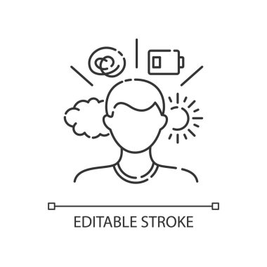 Zihinsel sağlık durumları doğrusal simge. Psikolojik bozukluk. Hasta için psikoterapi. İnce çizgi özelleştirilebilir illüstrasyon. Contour sembolü. Vektör izole çizim. Düzenlenebilir vuruş