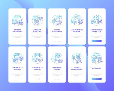 Konseptli mobil uygulama sayfası ekranındaki eksileri ve türleri öğrenme mesafesi. Uzaktan eğitim. 5 aşamalı grafik talimatlar. RGB renk resimleriyle UI vektör şablonu