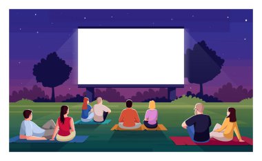 Açık hava sineması yarı düz vektör çizimi. İnsanlar çimlere oturur ve film izler. Halk parkında film gecesi. Randevudaki çiftler. Festival kalabalığı ticari kullanım için 2D çizgi film karakterleri