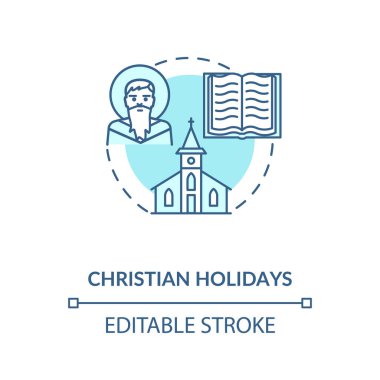 Hristiyan bayramı konsepti ikonu. Geleneksel dini etkinlikler ve festivaller. Hıristiyanlık fikri ince çizgi çizimi. Tanrı, kilise ve İncil vektörü RGB renk çizimini izole etti. Düzenlenebilir vuruş