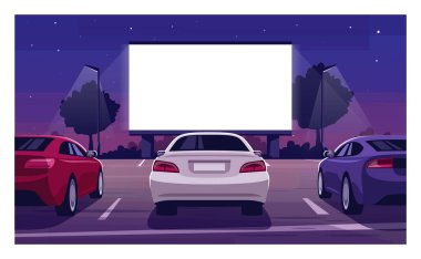 Sinemada yarı düz vektör çizimi yapın. Film galası dışarıda. Romantik bir randevu. Film festivalinde otomobil. Dışarıdaki boş ekranın önünde ticari kullanım için 2B karikatür manzarası