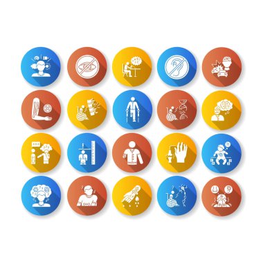 Özürlülük tipleri düz tasarım uzun gölge simgeleri seti. Körlük ve sağırlık. Zihinsel bir sorun. Cücelik, duyusal duyarlılık. Bacak ve el ampütesi. Siluet RGB renk çizimi