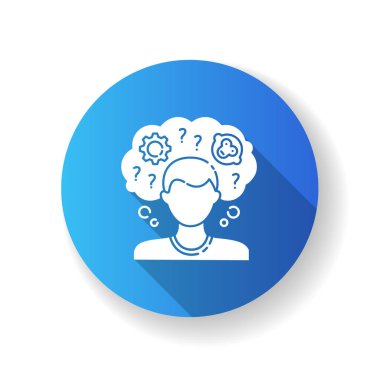 Entellektüel engelli mavi düz dizayn uzun gölge simgesi. Kısa süreli hafıza kaybı olan biri. Karmaşa içinde düşün. Kronik hastalık. Zihinsel bir sorun. Siluet RGB renk çizimi