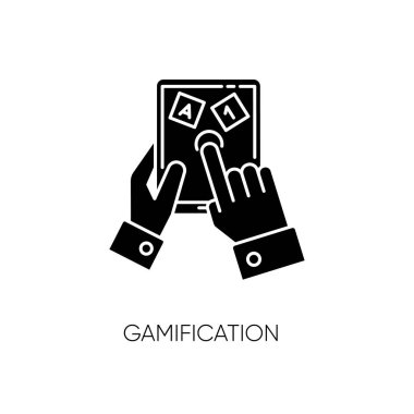 Gamification siyah kabartma simgesi. Beyaz uzayda eğitim silueti sembolü eğlendiriyor. Öğrenmek ve oynamak, çalışma sürecini işaretlemek daha ilginç. Eğitici bir oyun. Vektör izole illüstrasyonu
