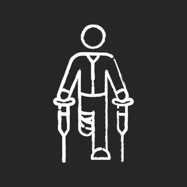Белая Иконка Ампутацией Ноги Черном Фоне Инвалид Костылями Пациент Перевязанной — стоковый вектор