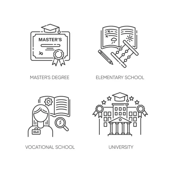 Primair Hoger Onderwijs Pixel Perfecte Lineaire Pictogrammen Ingesteld Diploma Basisschool — Stockvector