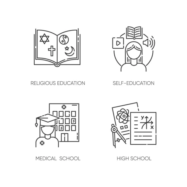 Ganar Conocimiento Píxel Conjunto Iconos Lineales Perfectos Autoeducación Religión Medicina — Archivo Imágenes Vectoriales