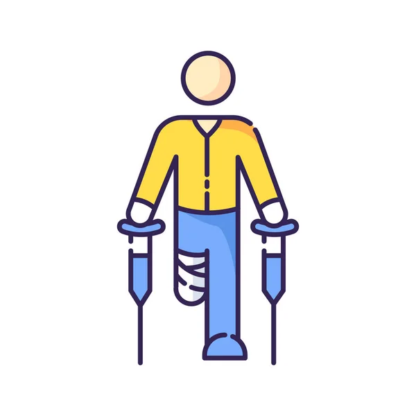 レッグアンプテーRgbカラーアイコン 松葉杖を持つ障害者 障害者のリハビリテーション 包帯された足の患者 怪我からの回復 移動の難しさ 分離ベクトル図 — ストックベクタ