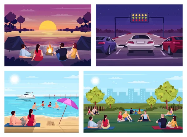 Summer recreation semi flat vector illustration set. Watch sunset in camp on sea beach. Public urban park. Picnic festival. Auto race. Resting 2D cartoon characters for commercial use collection