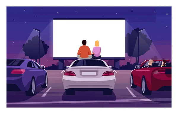 浪漫电影之夜半平面插图 露天电影院 在首映式上开车周末在公共停车场的娱乐活动 供商业用途的一对手表电影2D卡通人物 — 图库矢量图片