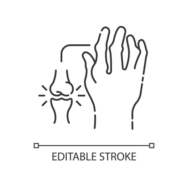関節リウマチの線形アイコン 病理学的疾患 損傷した骨を手に 細い線のカスタマイズ可能なイラスト 輪郭のシンボル ベクトル絶縁外形図面 編集可能なストローク — ストックベクタ