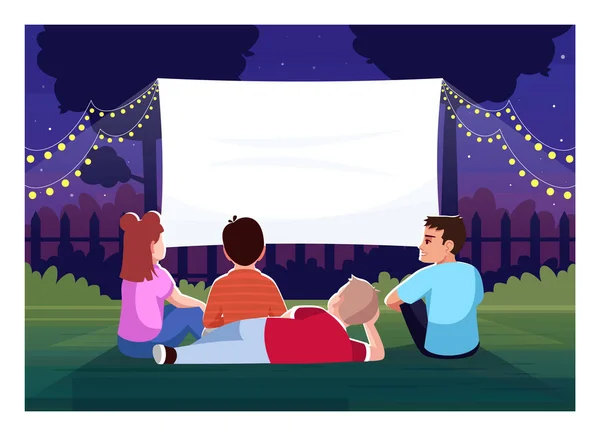 子供のための裏庭の映画館半フラットベクトルイラスト 10代の若者が一緒に映画を見る 映画の夜のための大きな空白の画面 商業用2D漫画のキャラクター外の子供 — ストックベクタ