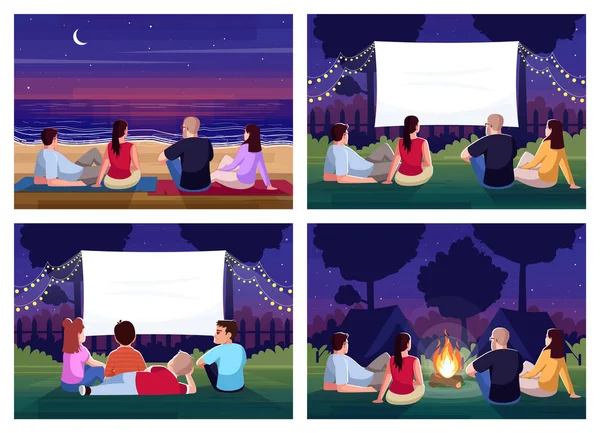 周末娱乐半平面插图集 休息厅和休息的人群 一起看电影 看海滩上的落日 供商业用途的2D卡通人物以外的朋友 — 图库矢量图片
