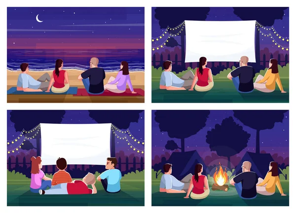 Weekend Recreation Semi Flat Vector Illustration Set Lounge Rest Crowd — Stock Vector