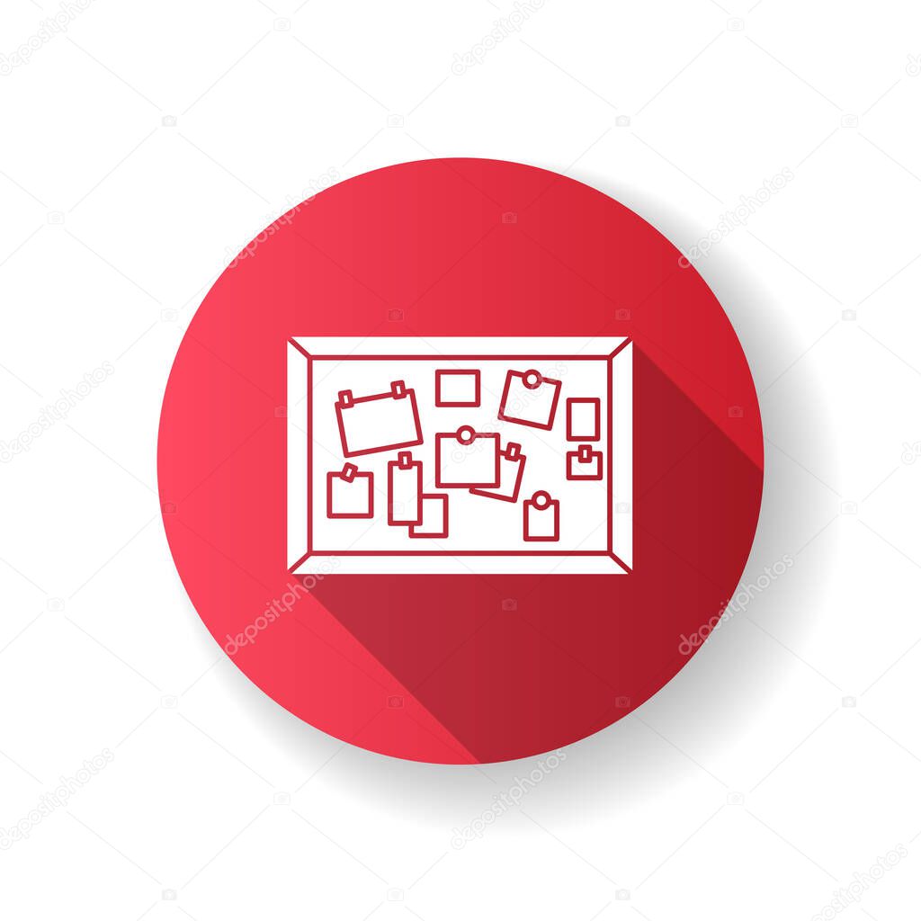 Bulletin board flat design long shadow glyph icon. Classroom corkboard. Notice board with notes. Announcements. University and college public messages. Silhouette RGB color illustration