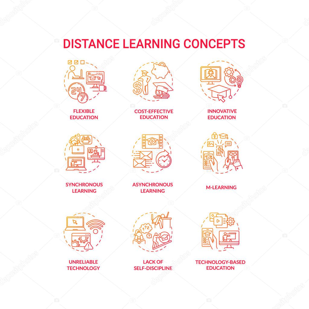 Distance learning concept icons set. Flexible education. Technology based education. E learning. Remote learning environment idea thin line RGB color illustrations. Vector isolated outline drawings