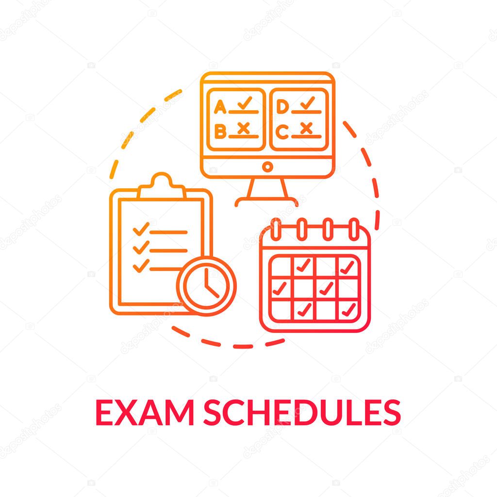 Exam schedules concept icon. Studying calendar. Students assignments. Distance learning. E learning. Academic calendar idea thin line illustration. Vector isolated outline RGB color drawing