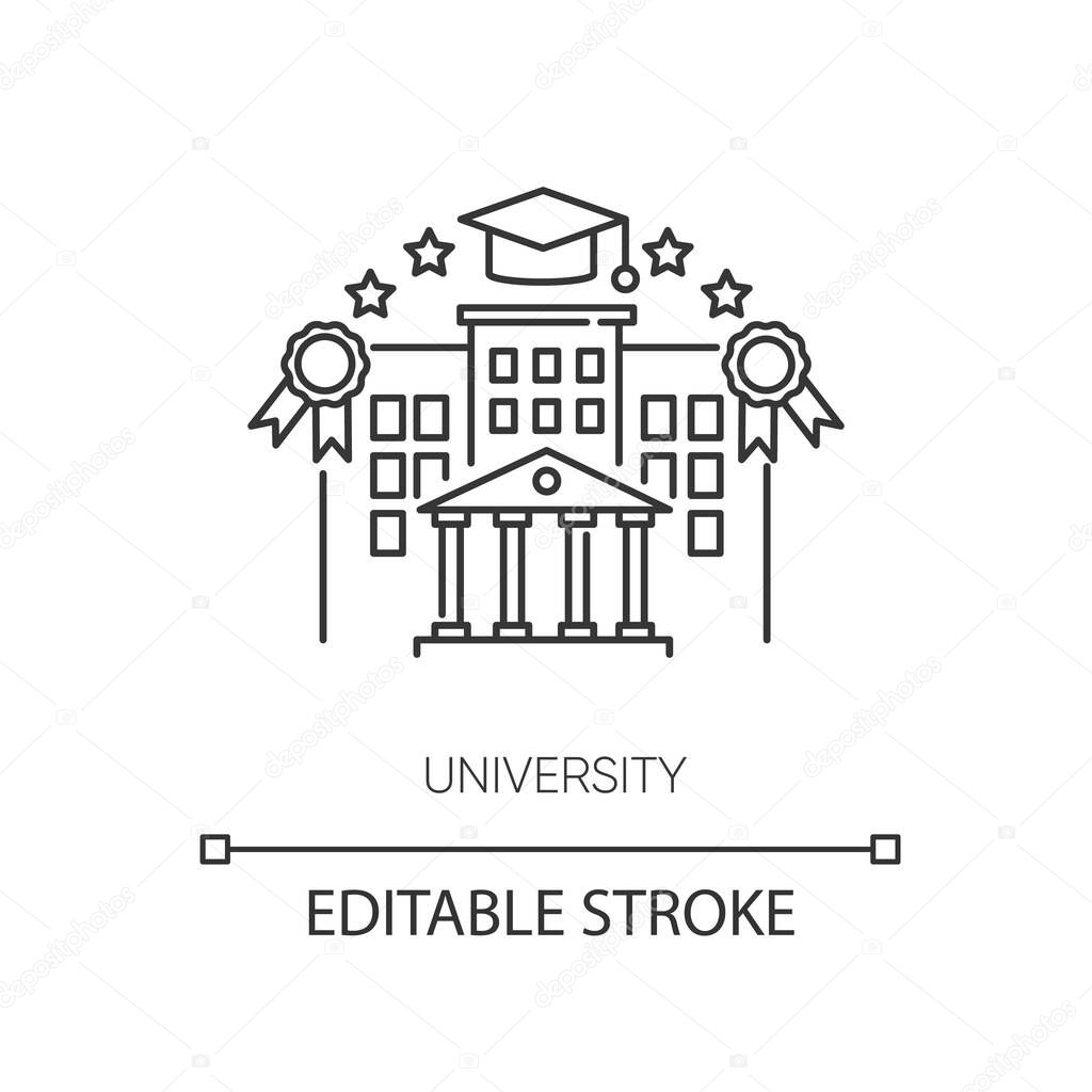 University pixel perfect linear icon. Higher education, student lifestyle thin line customizable illustration. Contour symbol. Academic institution. Vector isolated outline drawing. Editable stroke