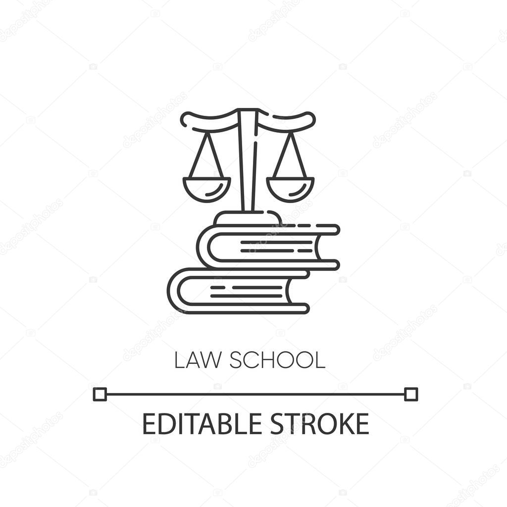 Law school pixel perfect linear icon. Judicial system. Justice thin line customizable illustration. Contour symbol. Scales on books stack vector isolated outline drawing. Editable stroke