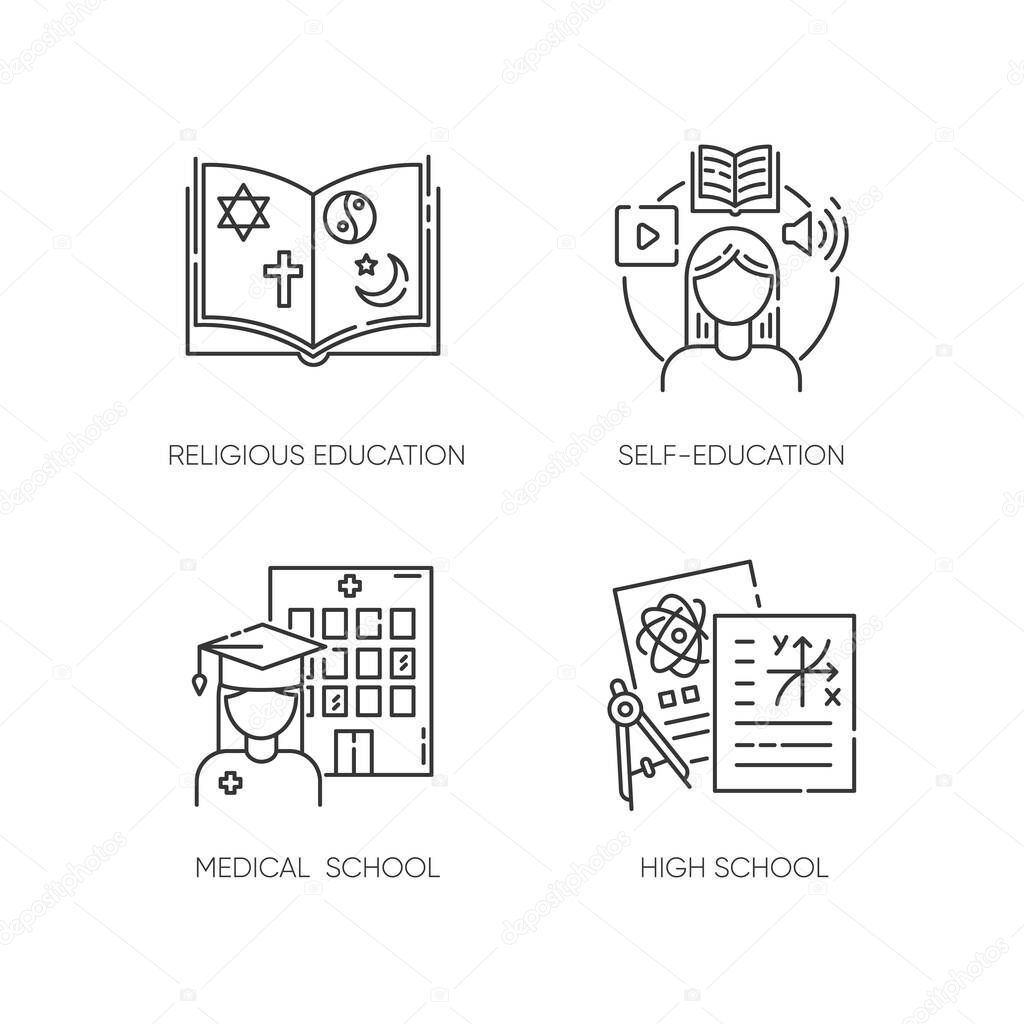 Gaining knowledge pixel perfect linear icons set. Self education, religious and medical school customizable thin line contour symbols. Isolated vector outline illustrations. Editable stroke
