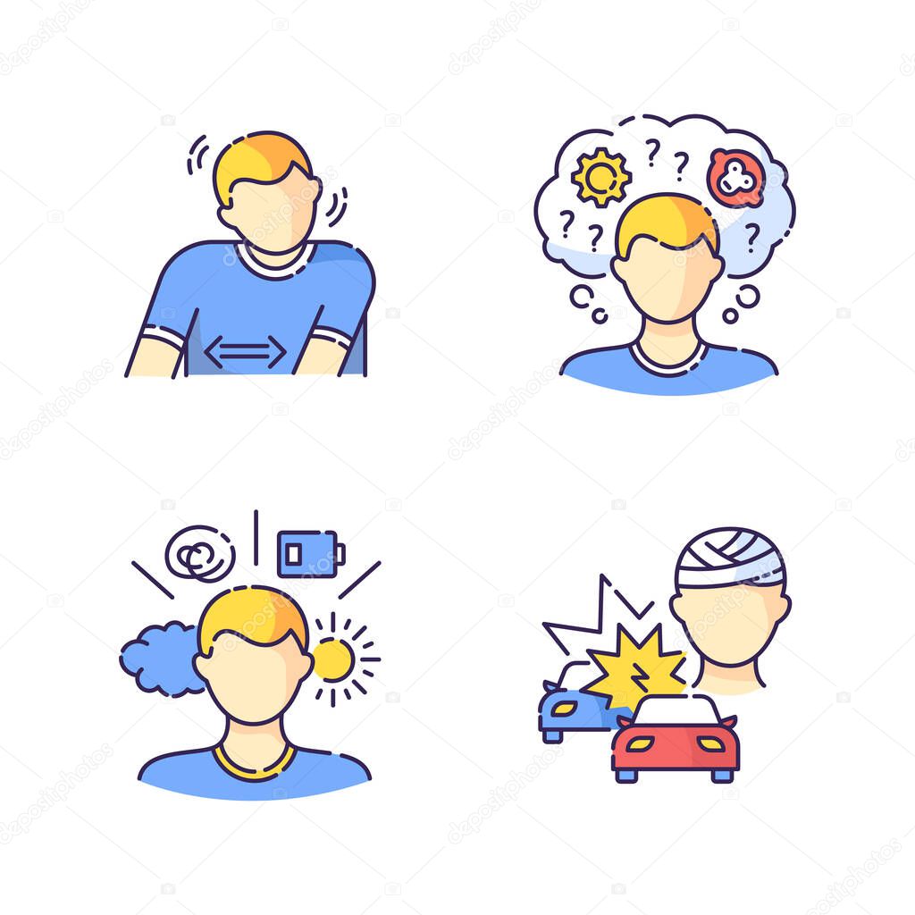 Mental problem RGB color icons set. Tourette syndrom. Repetitive movement in patient. Psychological disorder. Mood swing. Head damage from car accident. Isolated vector illustrations