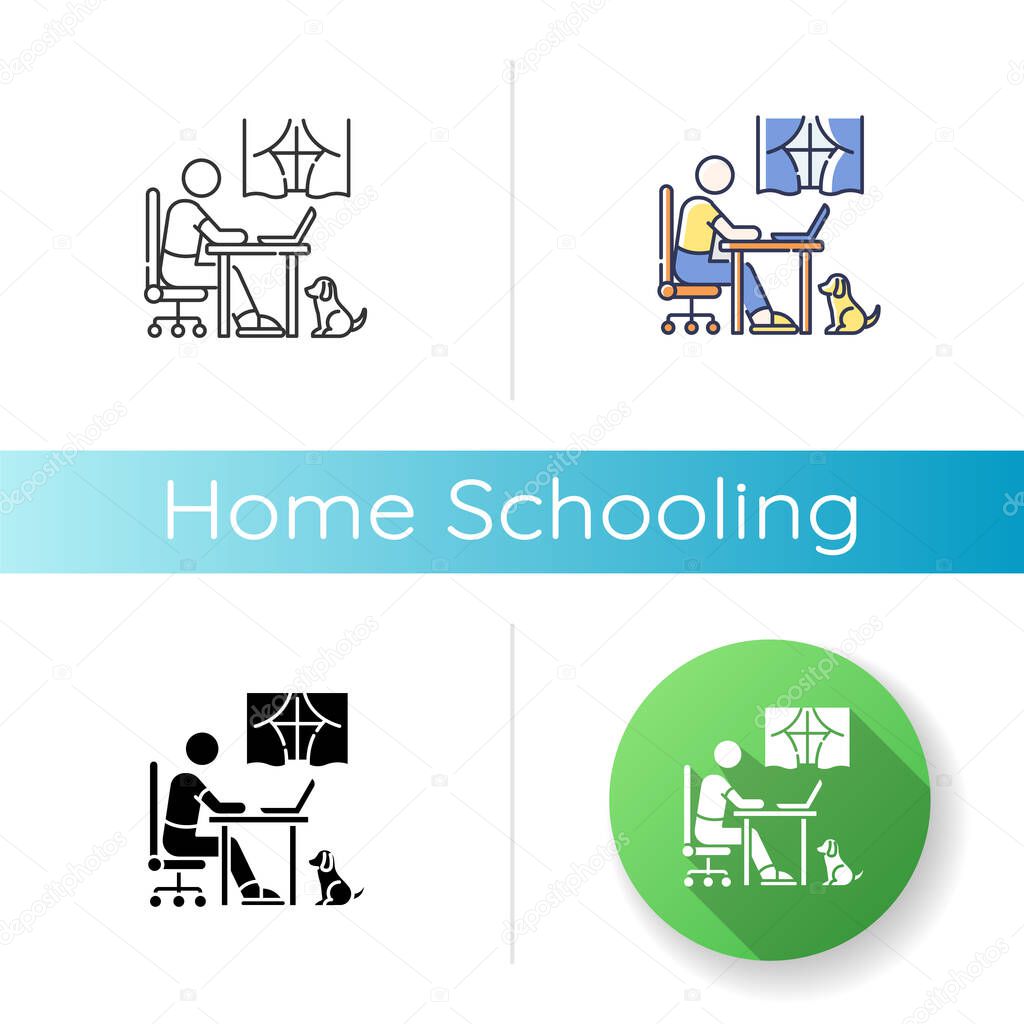 Home schooling icon. Linear black and RGB color styles. Online classes, internet training course. Distant education, e learning. Remote student with laptop Isolated vector illustrations