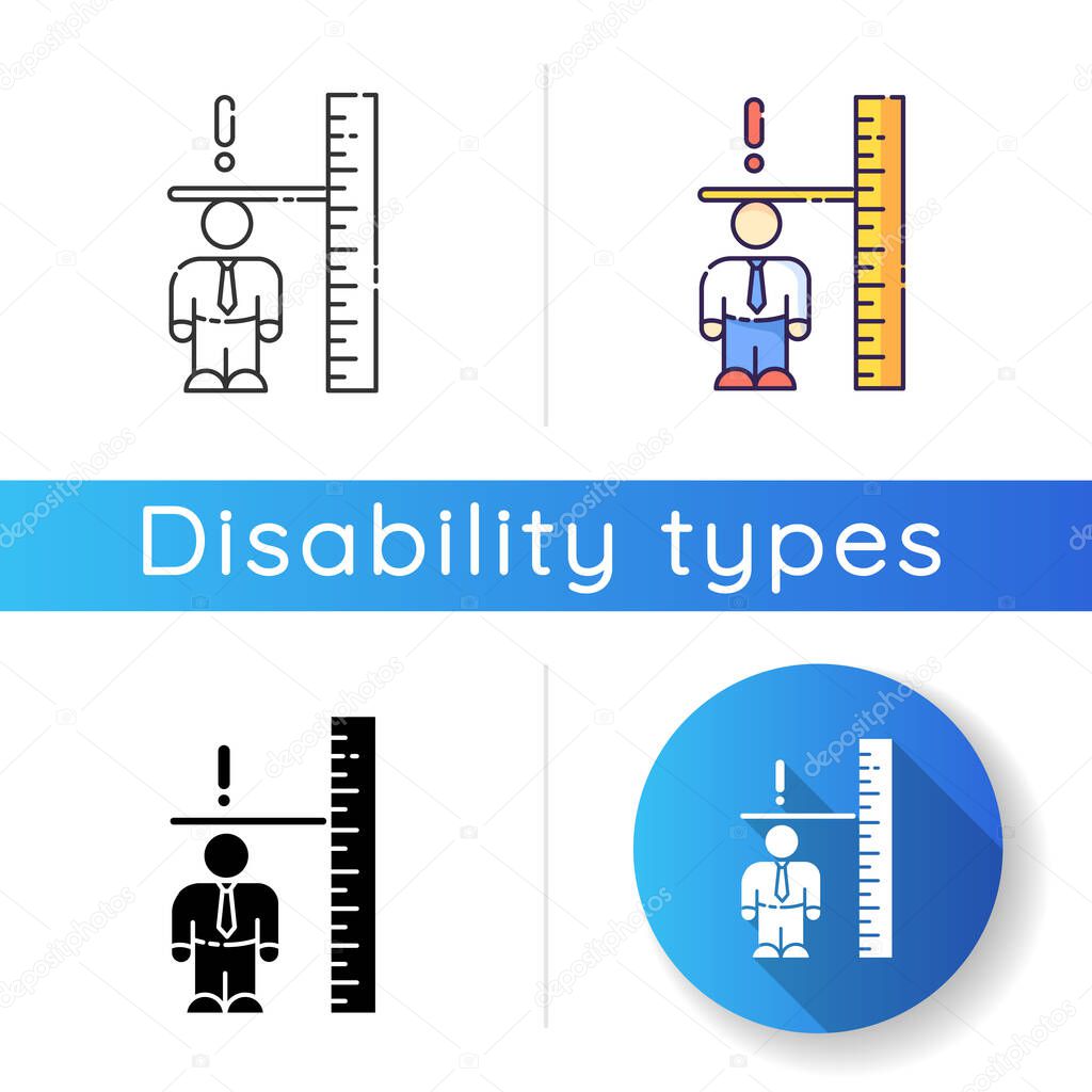 Dwarfism icon. Chronic genetic condition. Person with short height. Measure businessman. Inclusive workplace for handicapped person. Linear black and RGB color styles. Isolated vector illustrations