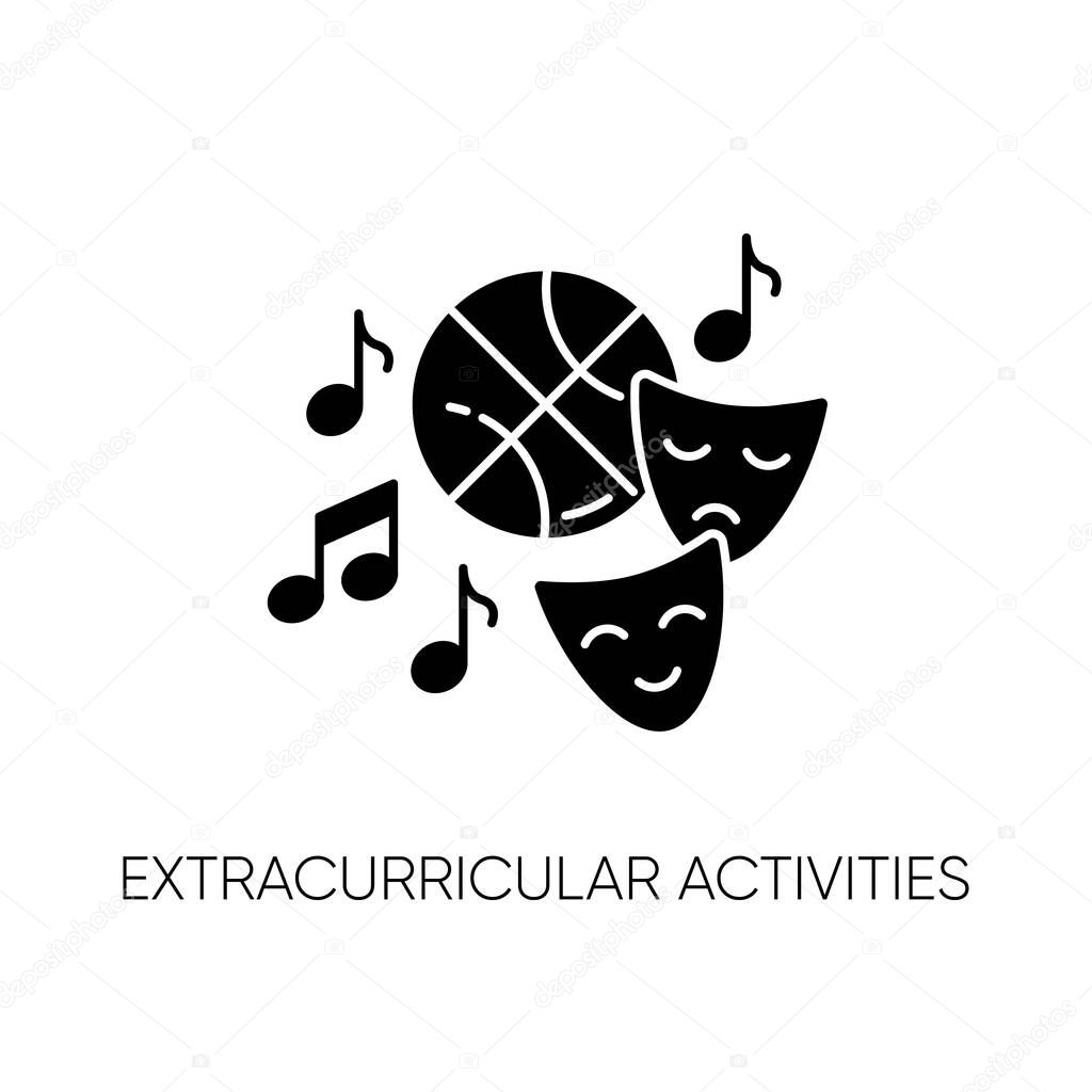 Extracurricular activities black glyph icon. Different academic clubs, highschool hobbies. Sport training, drama class, dancing and music silhouette symbol on white space. Vector isolated illustration