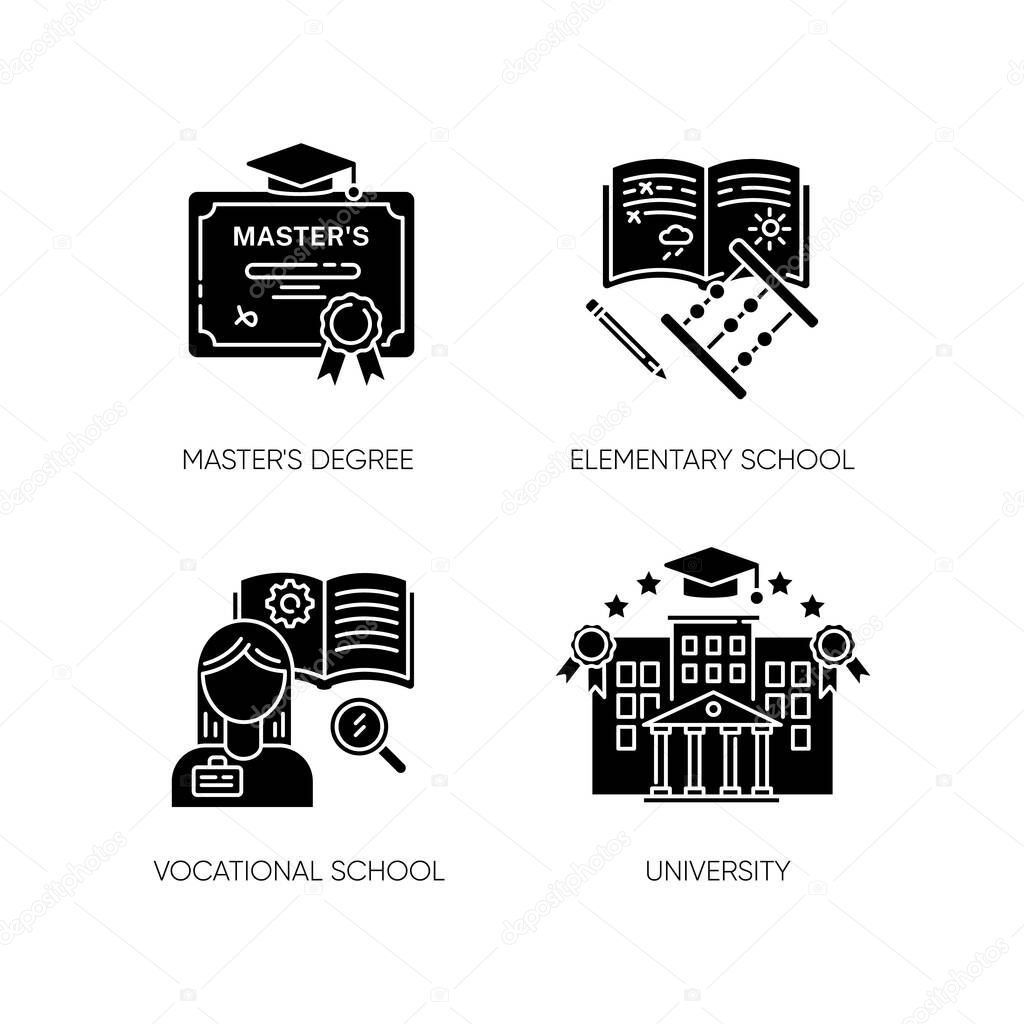 Primary and higher education black glyph icons set on white space. Masters degree, elementary school, university and vocational school silhouette symbols. Vector isolated illustrations