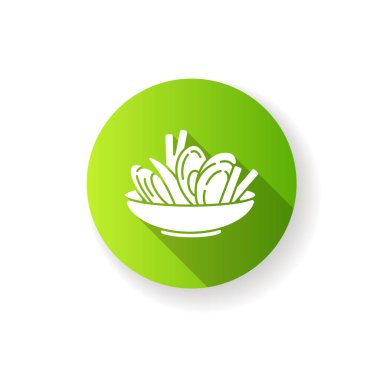 Moules frites yeşil düz tasarım uzun gölge simgesi. Geleneksel midye ve cips. Avrupa mutfağı tarifi. Aşçılık için gerekli malzemeler. Patates kızartması Siluet RGB renk çizimi