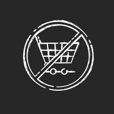 Anti consumerism chalk white icon on black background. Sustainable lifestyle advice. Responsible consumption. Shopping restriction. Pushcart with stop sign isolated vector chalkboard illustration clipart