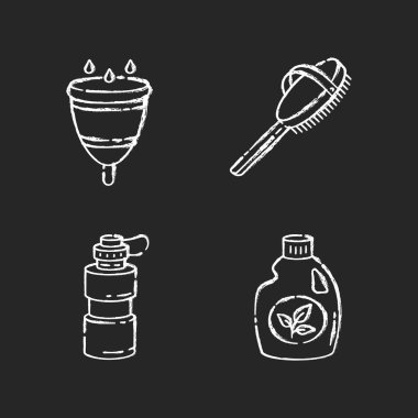 Personal eco products chalk white icons set on black background. Menstrual cup, natural bath brush, reusable water bottle and organic cleaning product. Isolated vector chalkboard illustrations vector Personal eco products chalk white icons set on black background. Menstrual cup, natural bath brush, reusable water bottle and organic cleaning product. Isolated vector chalkboard illustrations vector
